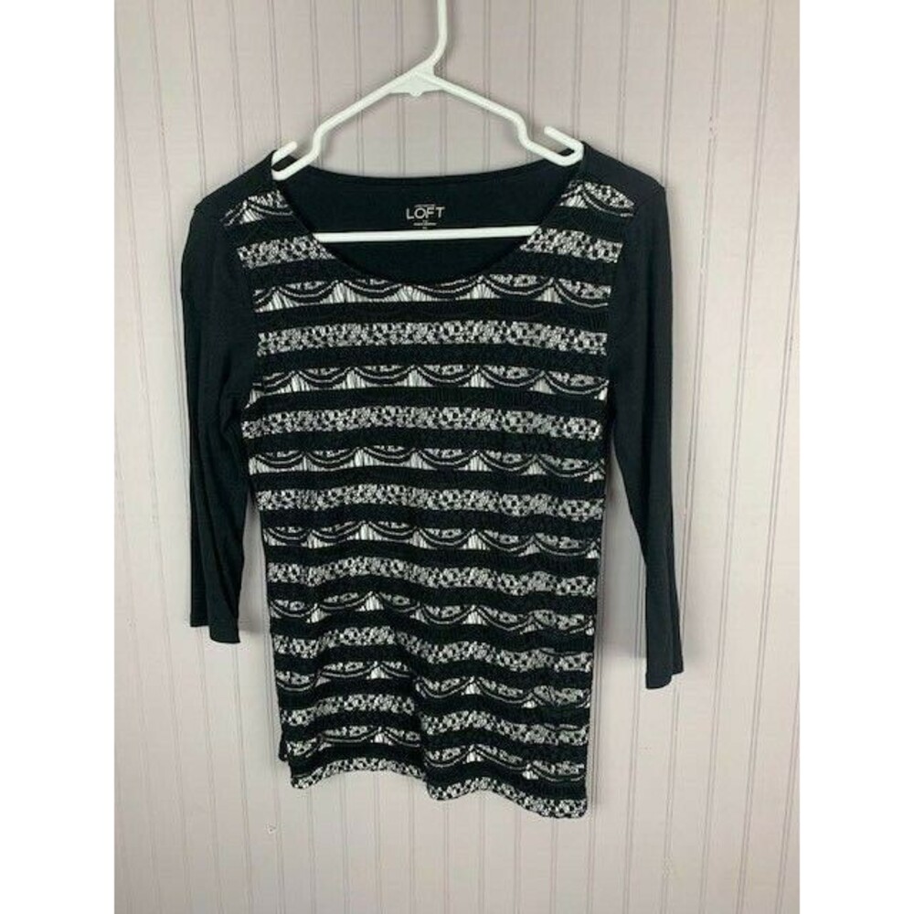 Ann Taylor Loft Size XS Womens Top Black White Scoop Neck 3/4 Sleeve